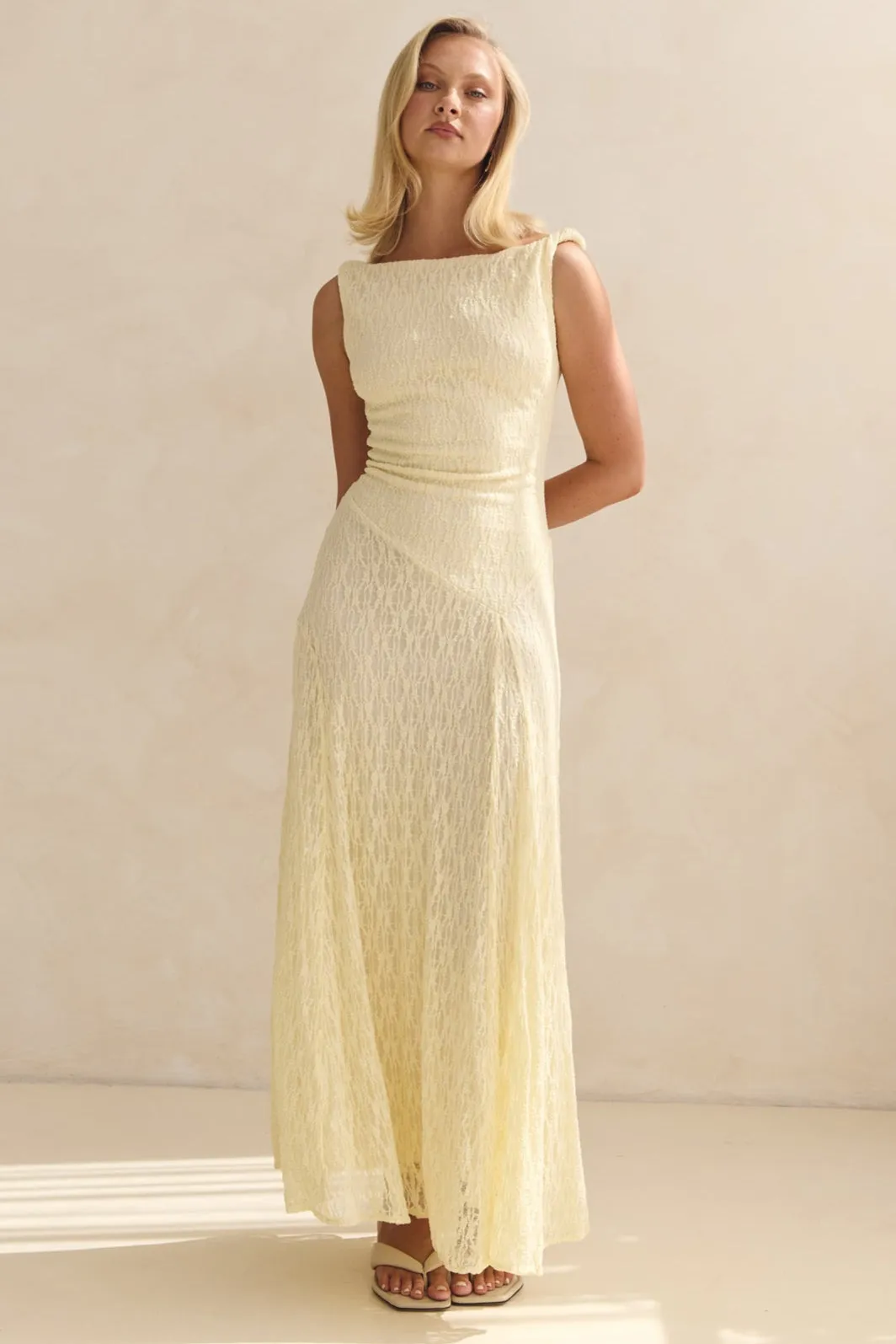 Gianna Lace Maxi Dress (Butter) sold by Runway Scout