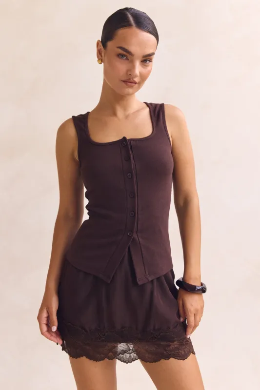 Leia Lace Mini Skirt (Chocolate) sold by Runway Scout