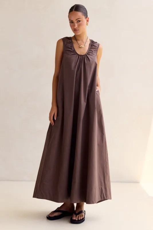 Raelle Maxi Dress (Chocolate) sold by Runway Scout