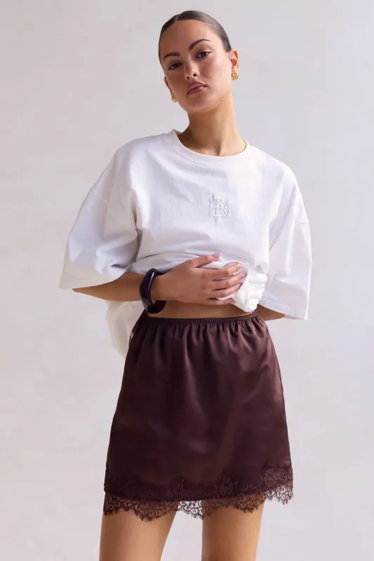Aster Lace Mini Skirt (Chocolate) sold by Runway Scout