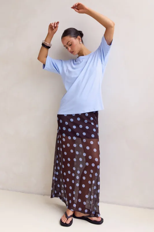 Leni Maxi Skirt (Chocolate/Blue) sold by Runway Scout