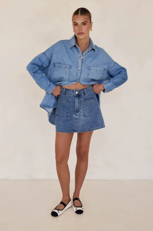 Galen Denim Mini Skirt (Blue) sold by Runway Scout