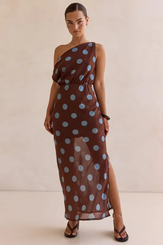 Lucia Polka Maxi Dress (Chocolate) sold by Runway Scout