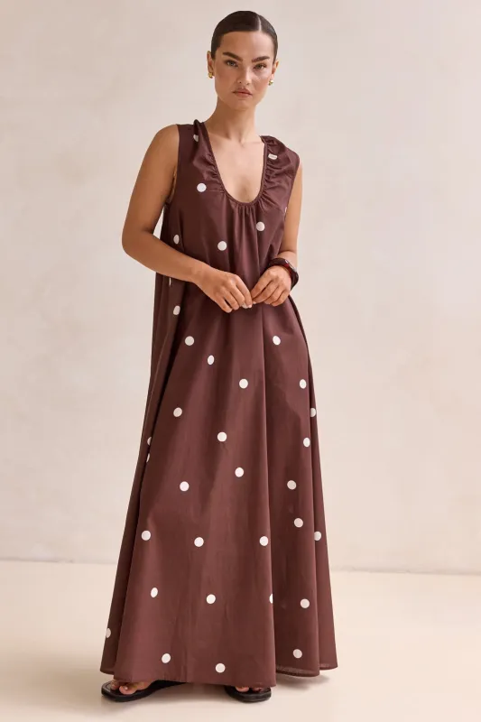 Helena Polka Maxi Dress (Chocolate) sold by Runway Scout
