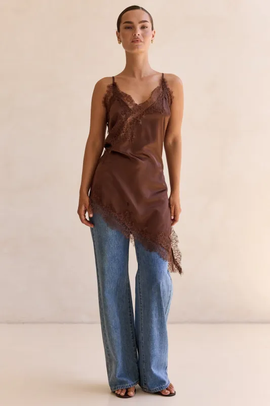 Katrina Asym Top (Chocolate) sold by Runway Scout