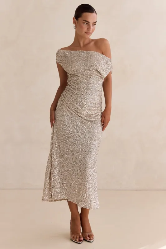 Lacey Sequin Midi Dress (Champagne) sold by Runway Scout