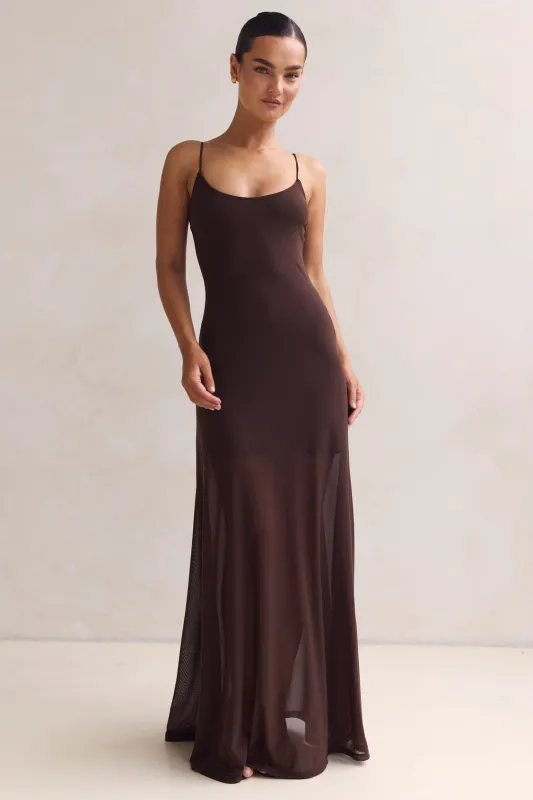 Alessandra Mesh Maxi Dress (Chocolate) sold by Runway Scout