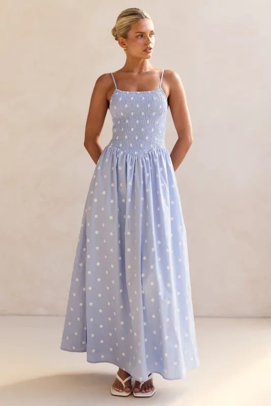 Aliyah Polka Maxi Dress (Blue) sold by Runway Scout