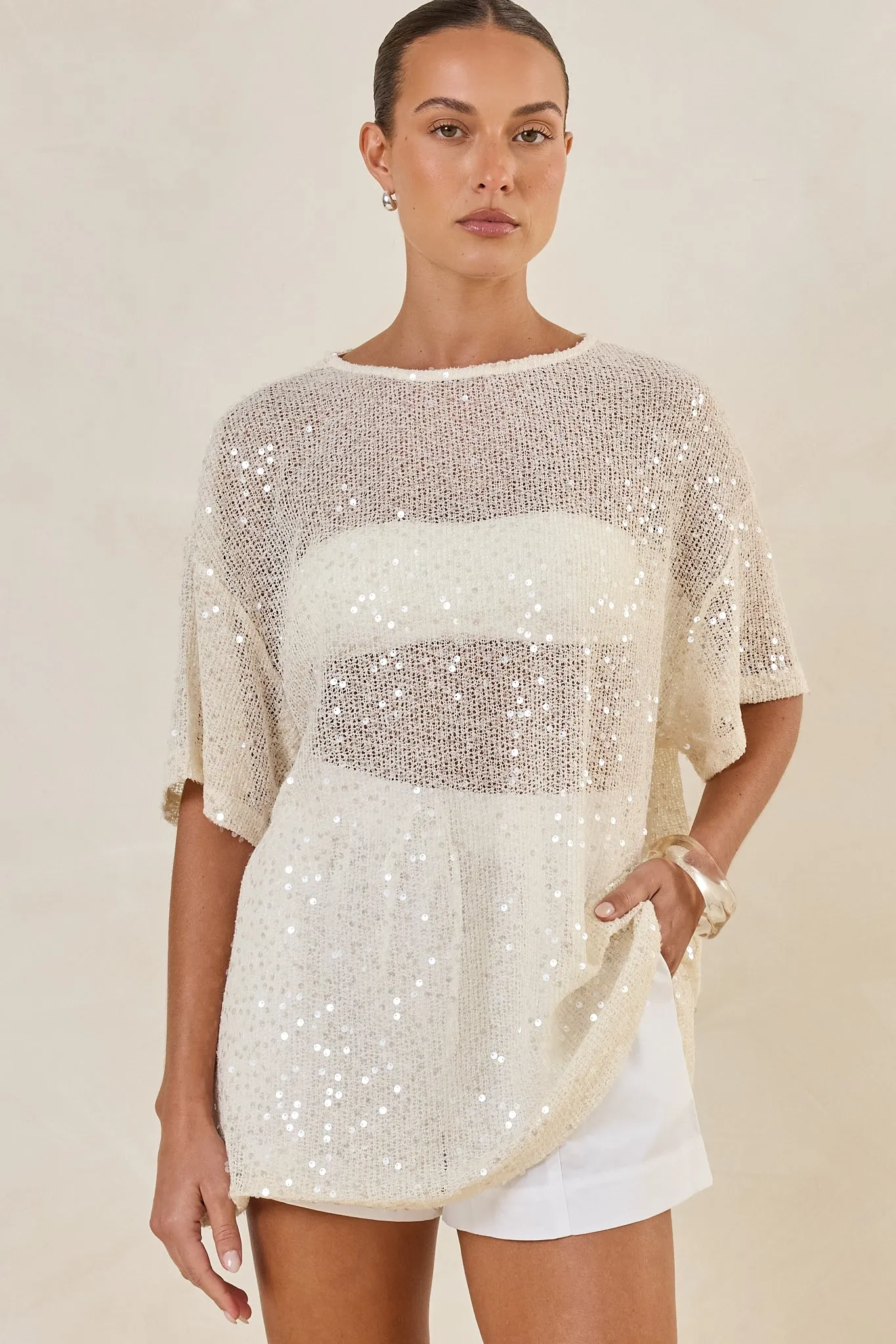 Micah Sequin Knit Tee (Cream) sold by Runway Scout