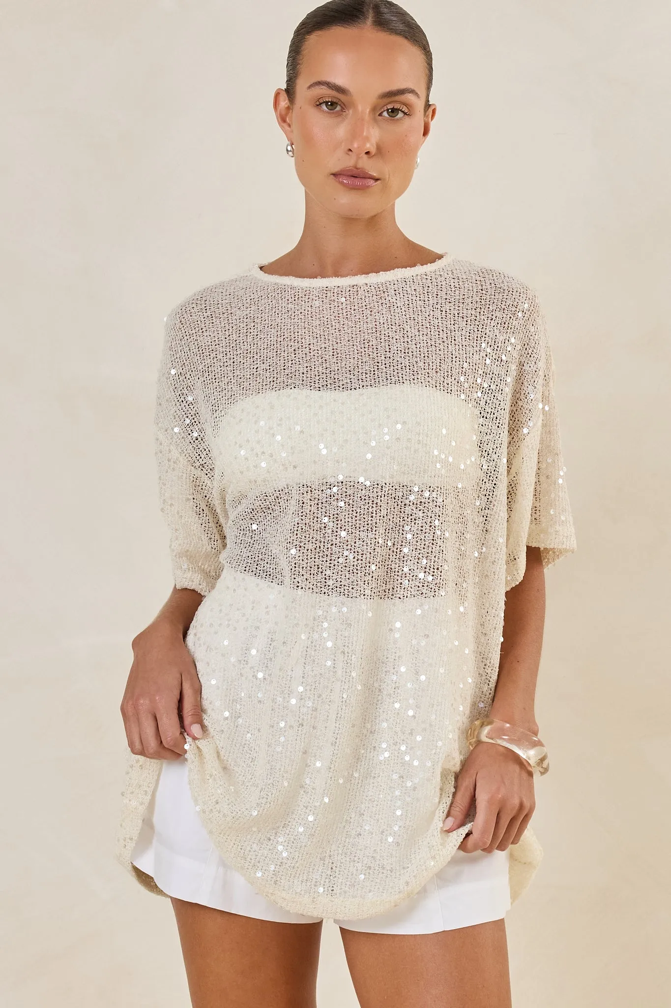 Micah Sequin Knit Tee (Cream) sold by Runway Scout product image thumbnail 3