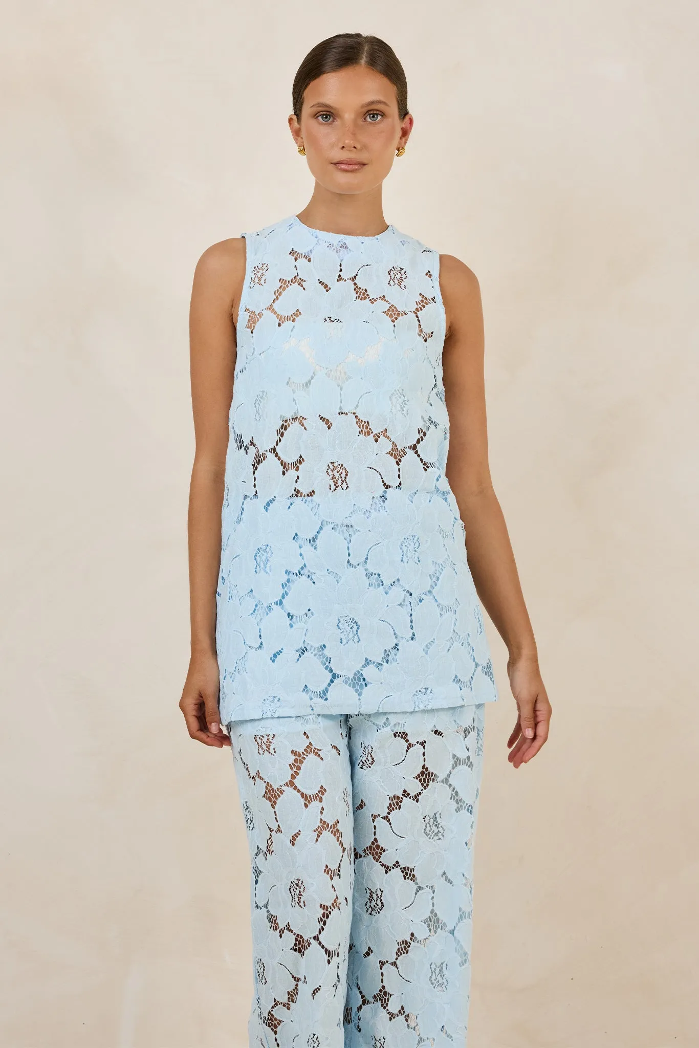 Jocelyn Lace Top (Light Blue) sold by Runway Scout