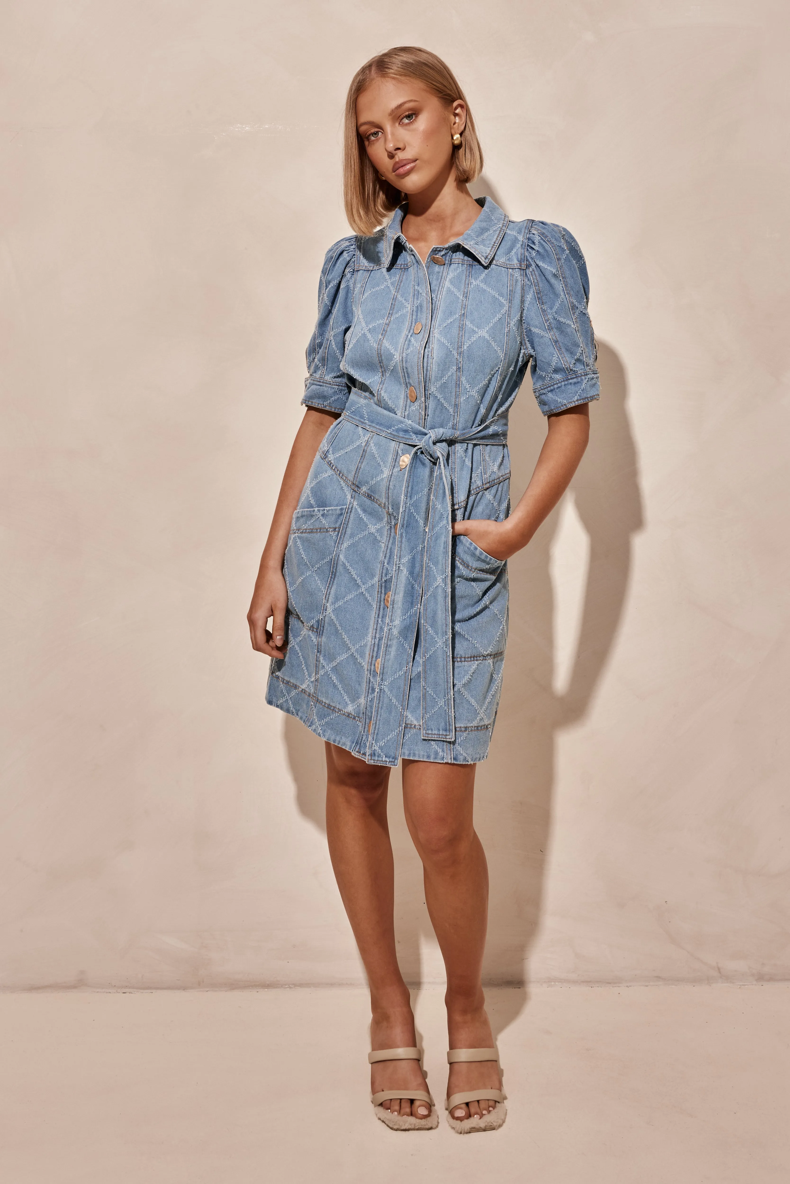 Lyra Denim Dress (Blue) sold by Runway Scout