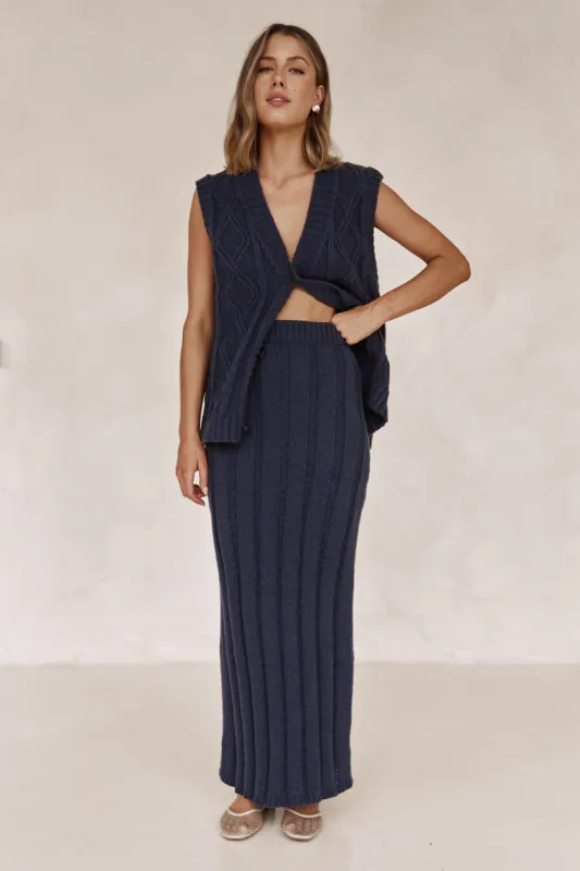 Caleigh Knit Maxi Skirt (Navy) sold by Runway Scout