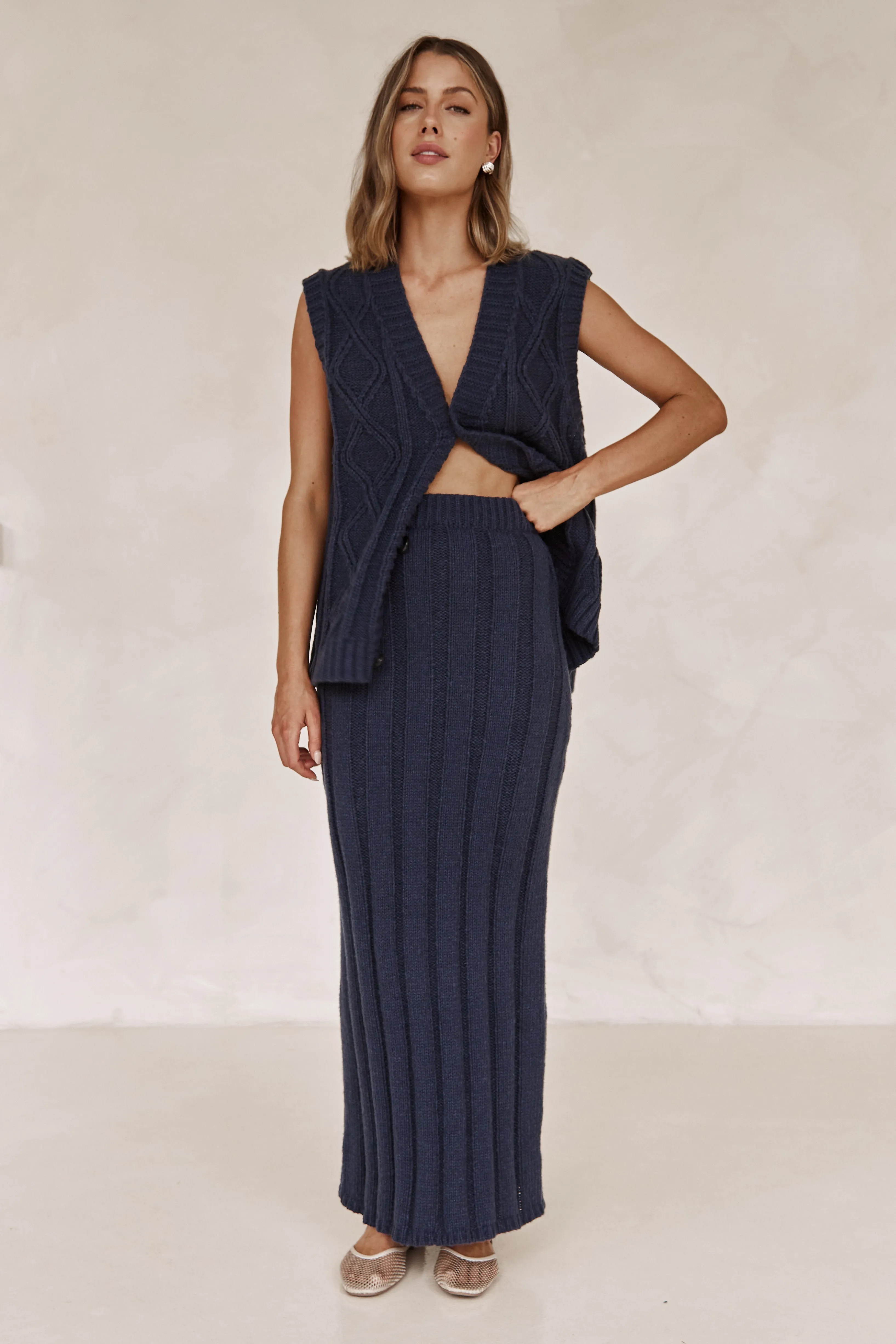 Caleigh Knit Maxi Skirt (Navy) sold by Runway Scout