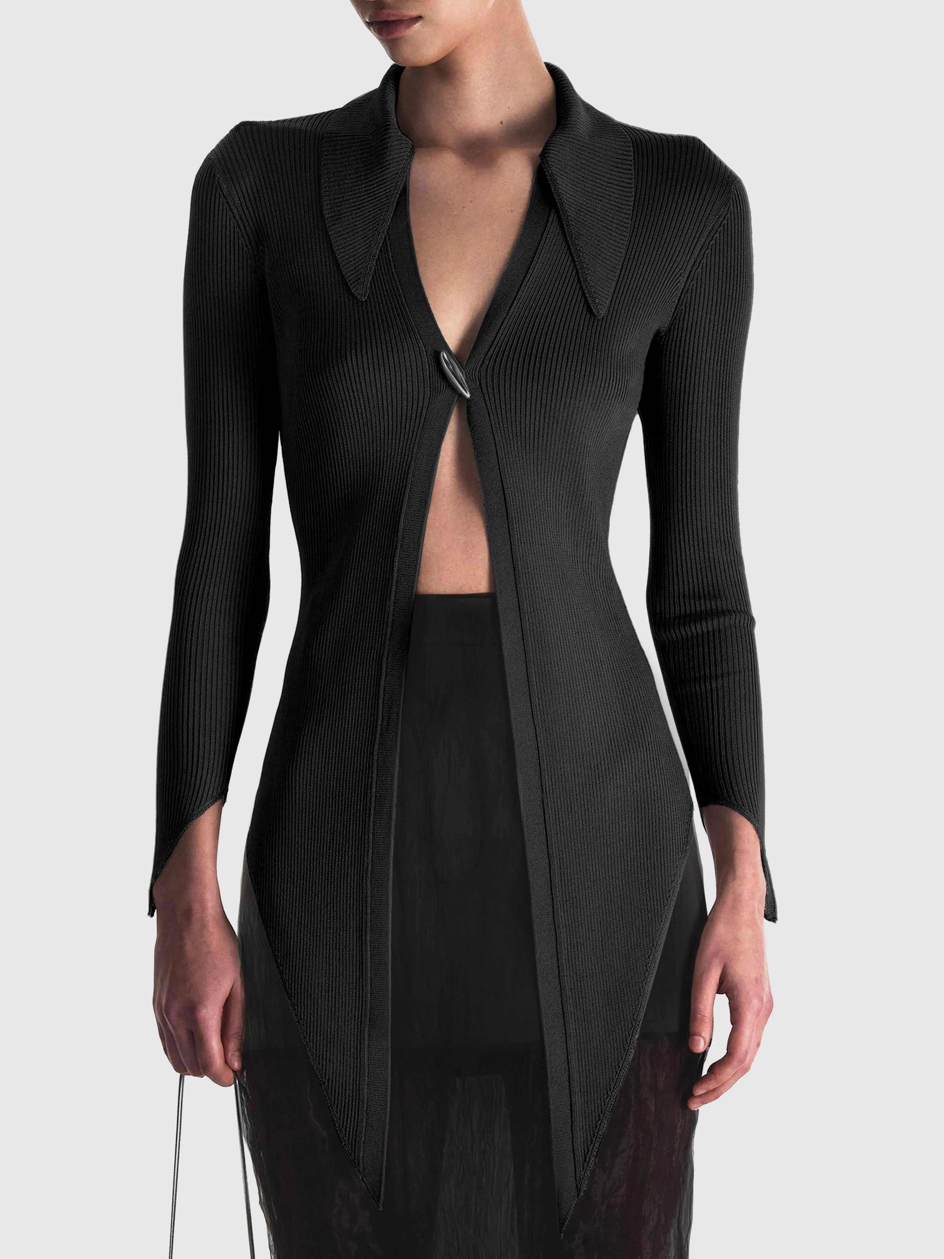 ANGULAR RIBBED-KNIT CARDIGAN - BLACK sold by GRACE LING