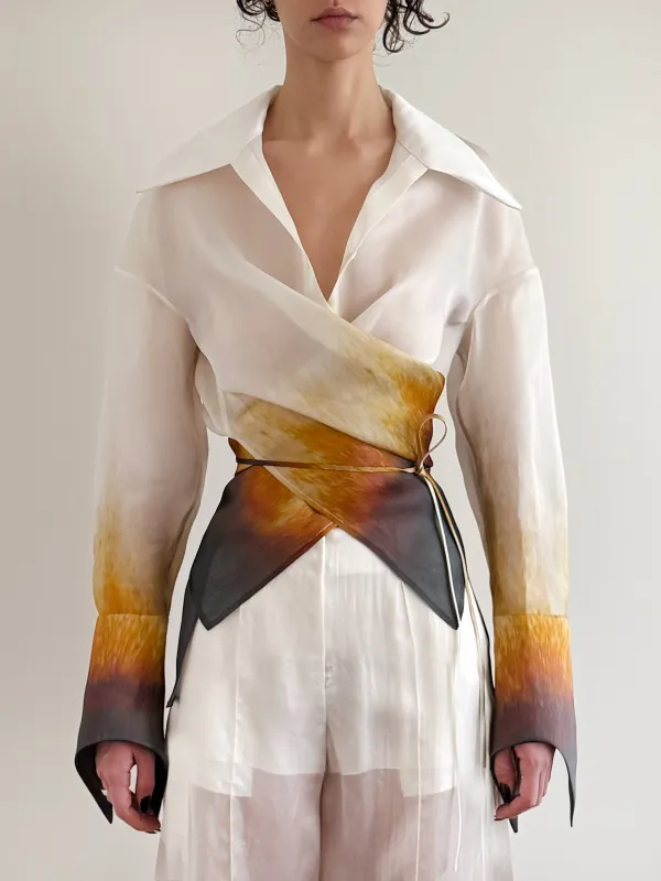 RUST-EDGE SILK ORGANZA WRAP SHIRT - IVORY RUST sold by GRACE LING
