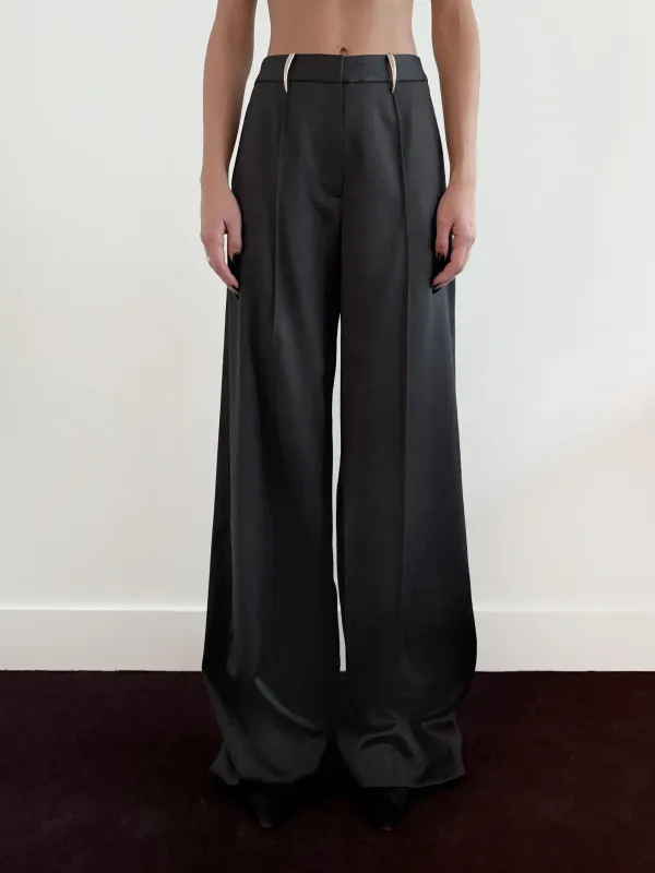 CLAW BELT LOOP TAILORED TROUSERS - DARK GREY WOOL sold by GRACE LING