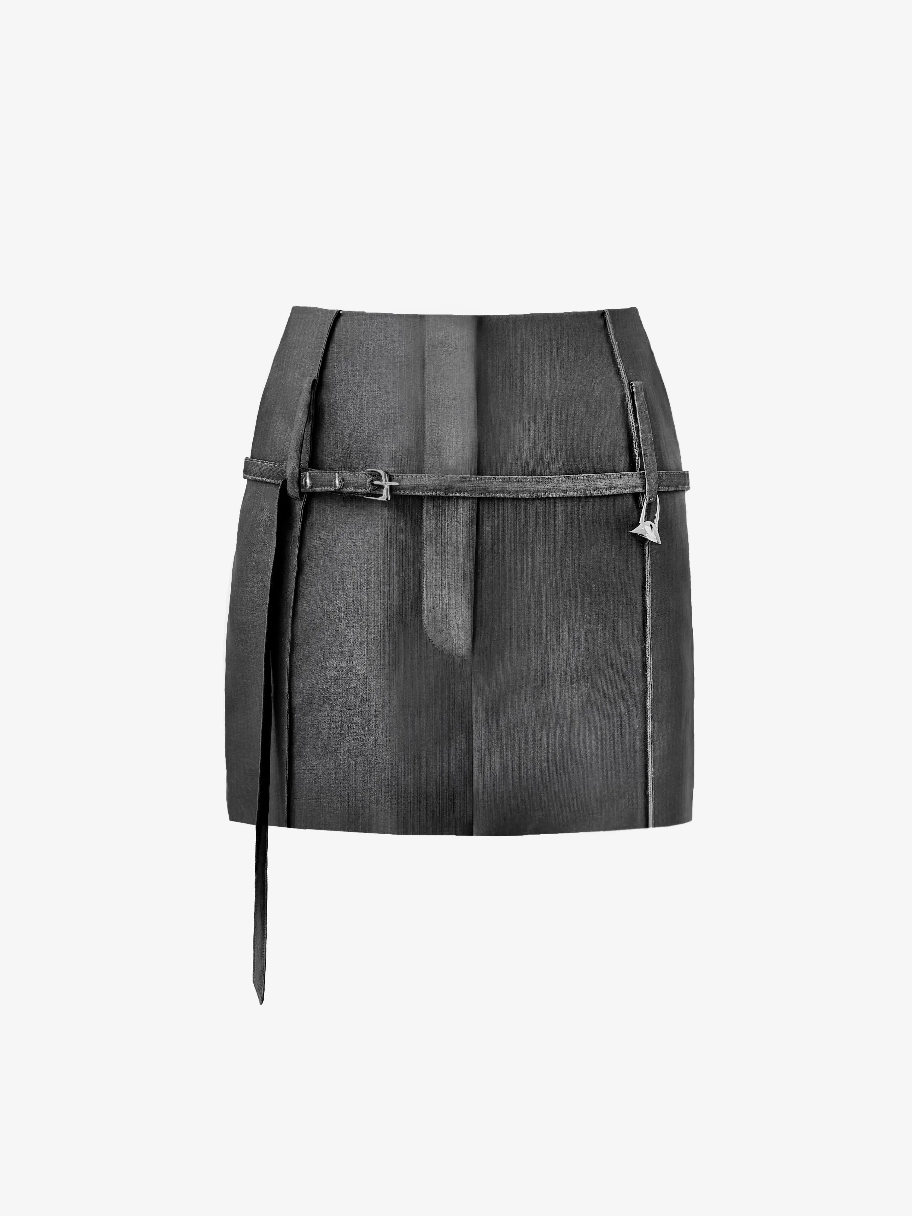 (PRE-ORDER) RELICS BELTED MINI SKIRT IN WOOL SILK sold by GRACE LING