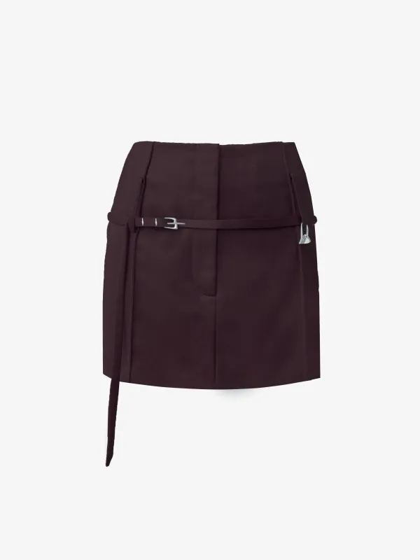 (SS26 PRE-ORDER) RELICS BELTED MINI SKIRT IN WOOL SATIN - BURGUNDY made by GRACE LING
