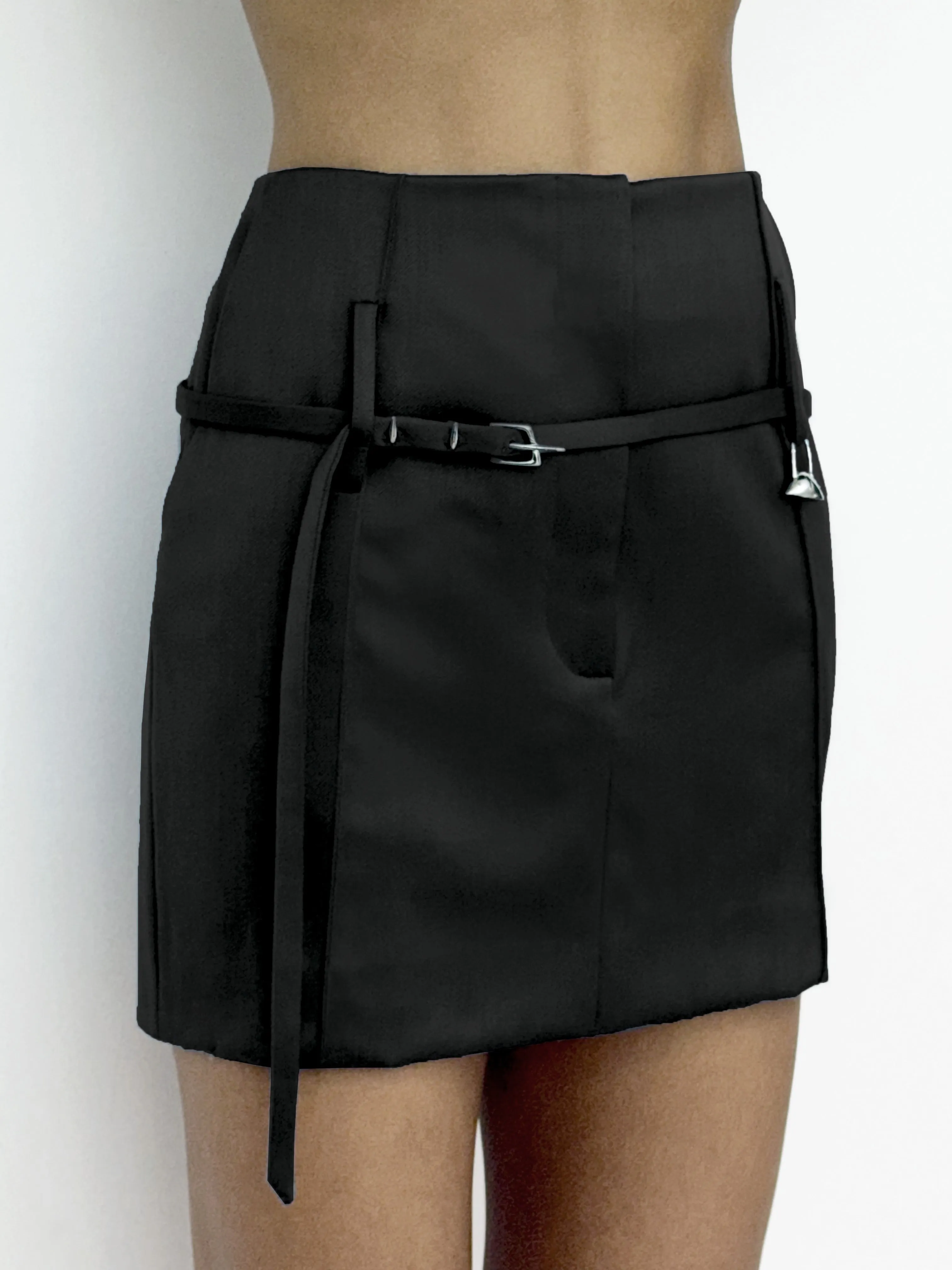 RELICS BELTED MINI SKIRT IN WOOL SATIN - BLACK sold by GRACE LING product image thumbnail 3