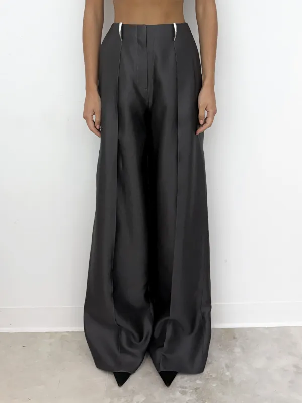 CLAW BELT LOOP TAILORED TROUSERS - (WOOL-SILK) DARK GREY made by GRACE LING