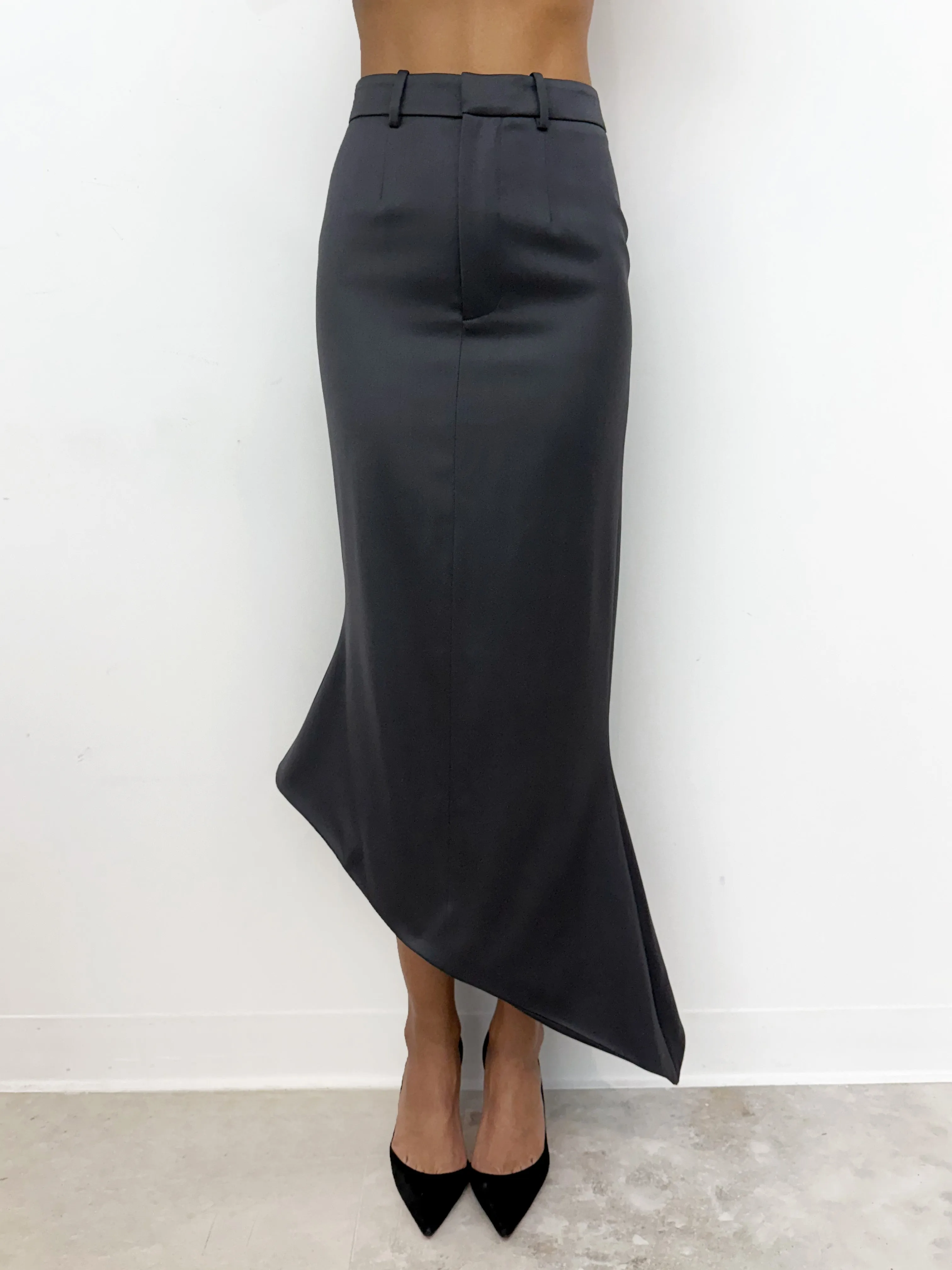 (SS26 PRE-ORDER) TAILORED ANGULAR MIDI SKIRT - GREY sold by GRACE LING