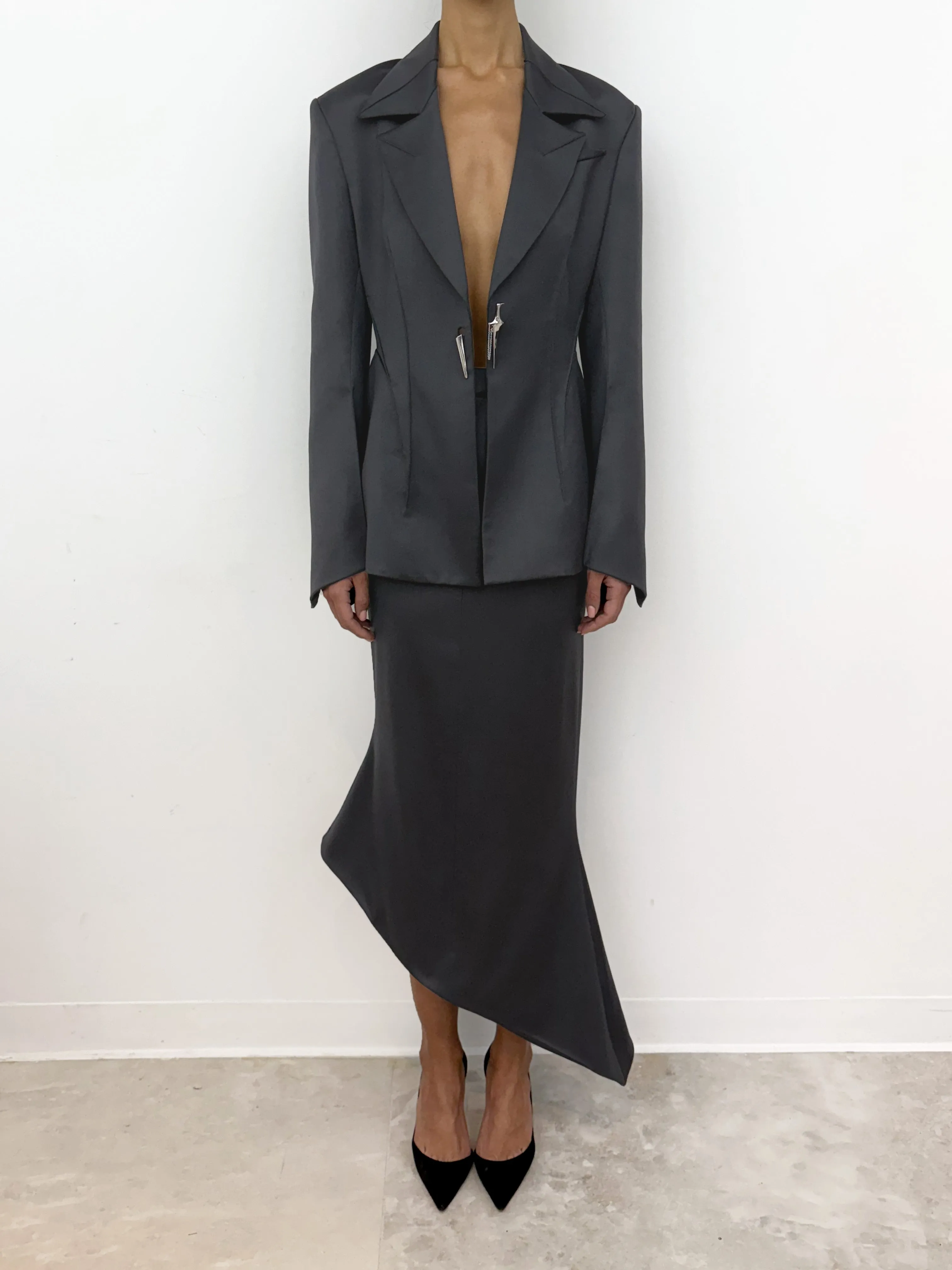 (SS26 PRE-ORDER) TAILORED ANGULAR MIDI SKIRT - GREY sold by GRACE LING product image thumbnail 2