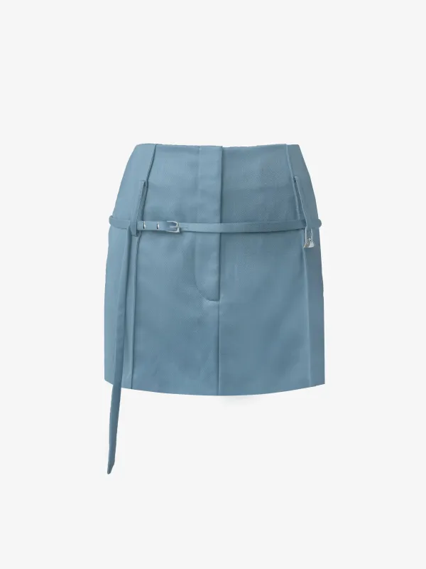 (SS26 PRE-ORDER) RELICS BELTED MINI SKIRT IN WOOL SATIN - BLUE made by GRACE LING