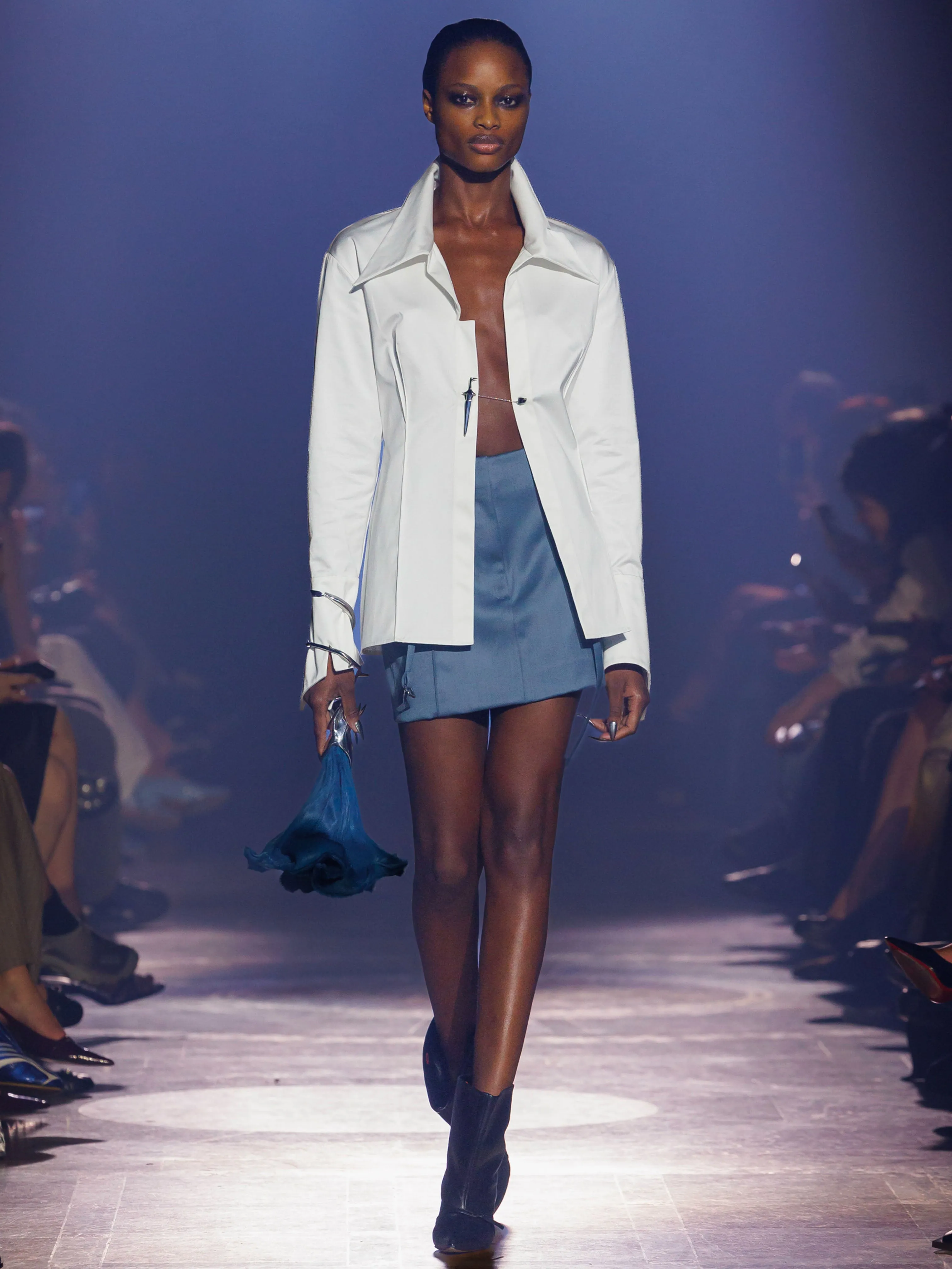 (SS26 PRE-ORDER) RELICS BELTED MINI SKIRT IN WOOL SATIN - BLUE sold by GRACE LING product image thumbnail 3