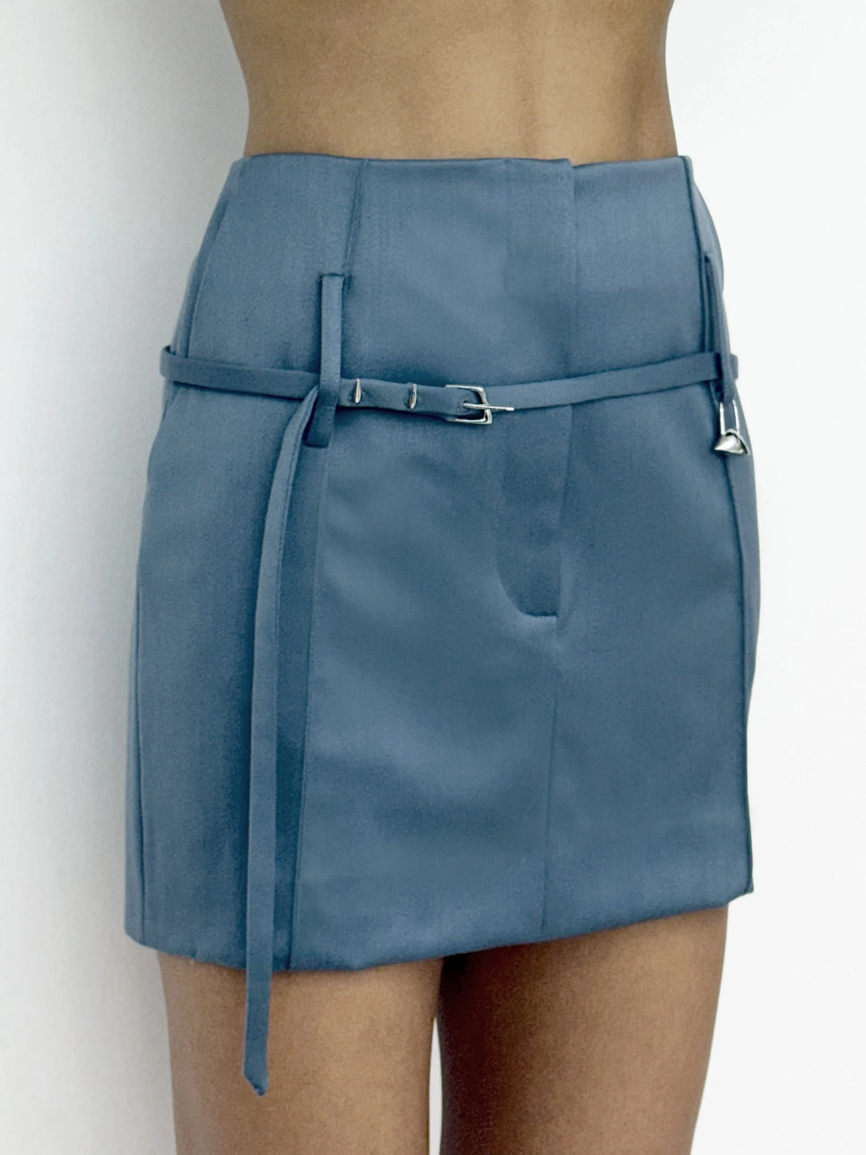 (SS26 PRE-ORDER) RELICS BELTED MINI SKIRT IN WOOL SATIN - BLUE sold by GRACE LING product image thumbnail 4