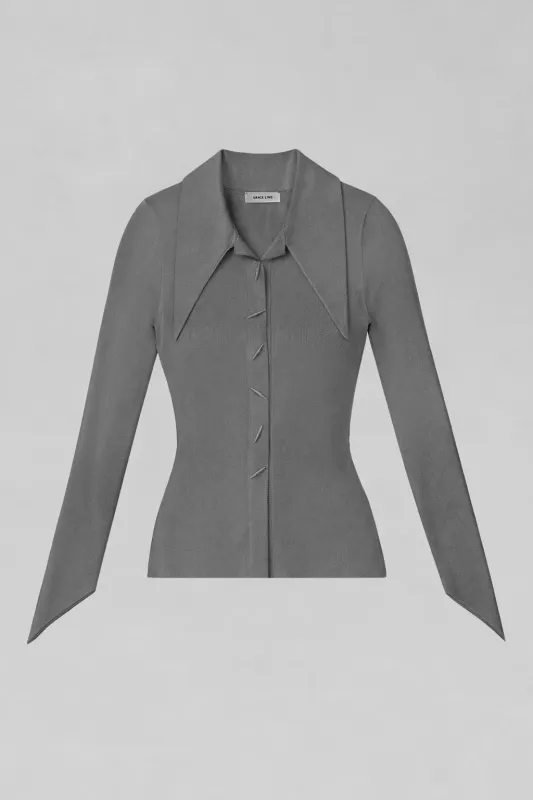 ANGULAR RIBBED-KNIT STITCHES TOP - GREY made by GRACE LING