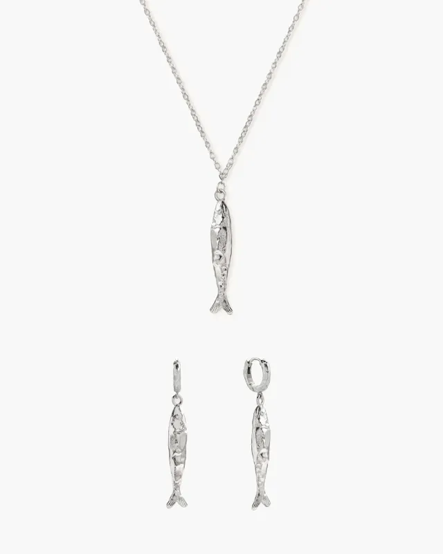 Anchovy Necklace & Earrings Set in Silver made by En Route Jewelry