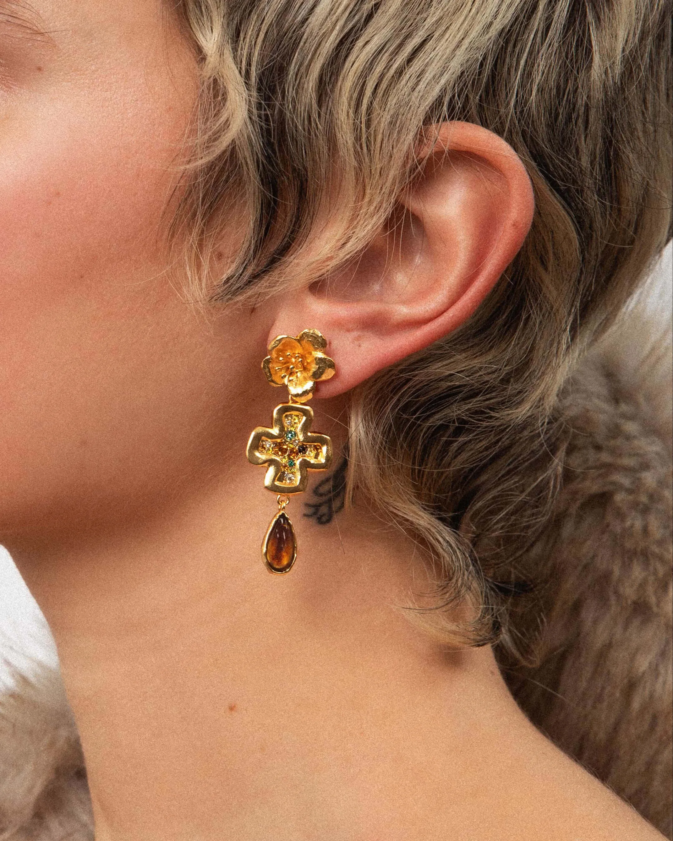 Amber Dew Floral Cross Earrings sold by En Route Jewelry product image thumbnail 2