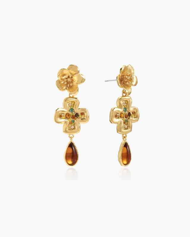 Amber Dew Floral Cross Earrings made by En Route Jewelry