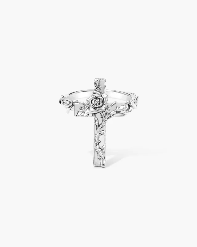 Wild Rose Cross Ring in Silver made by En Route Jewelry