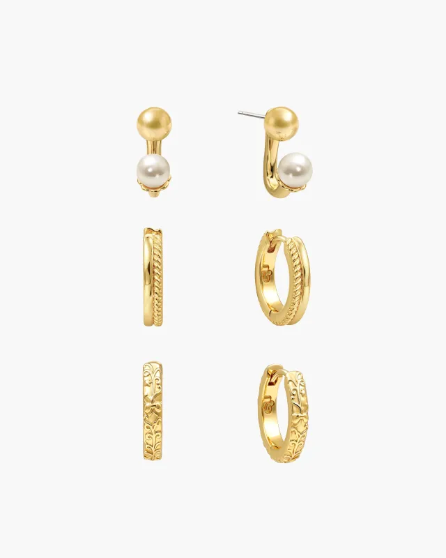 Orchid Stacking Earrings Trio in Gold made by En Route Jewelry