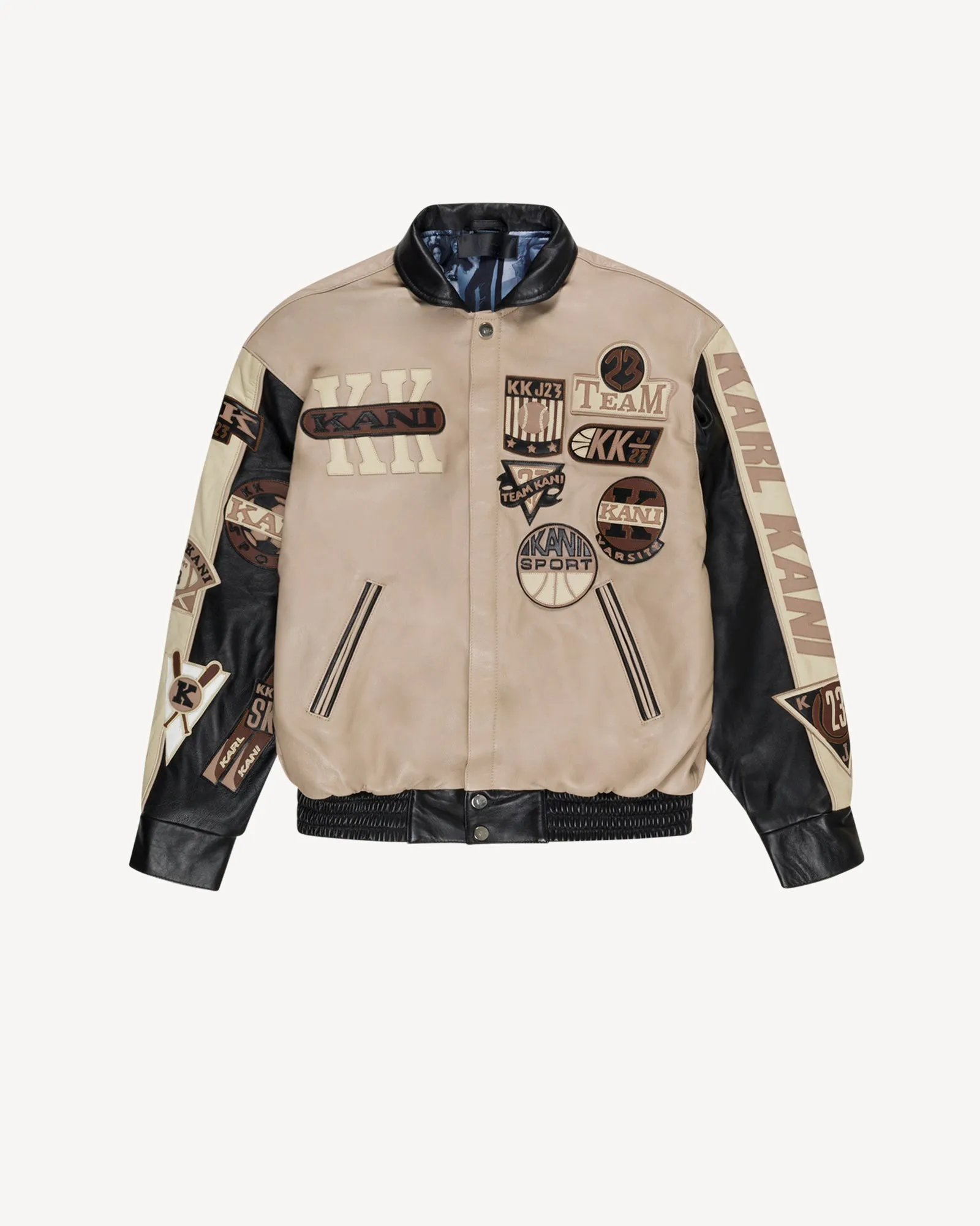 Leather Patch Jacket (Beige/Black) sold by Karl Kani