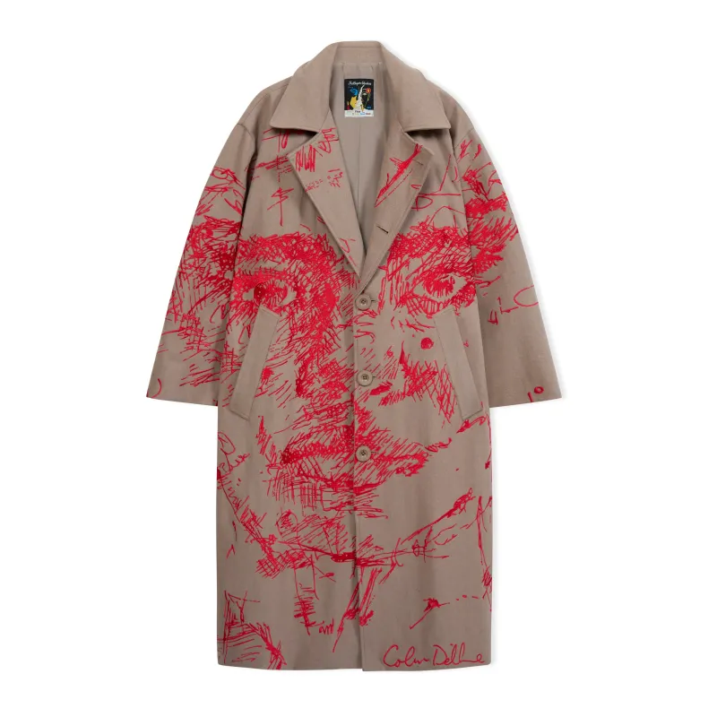 Hatched Embroidered Face Trench Coat [Cream] made by KidSuper Studios