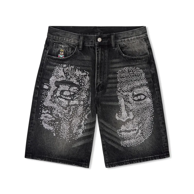 Rhinestone Face Shorts [Washed Black] sold by KidSuper Studios