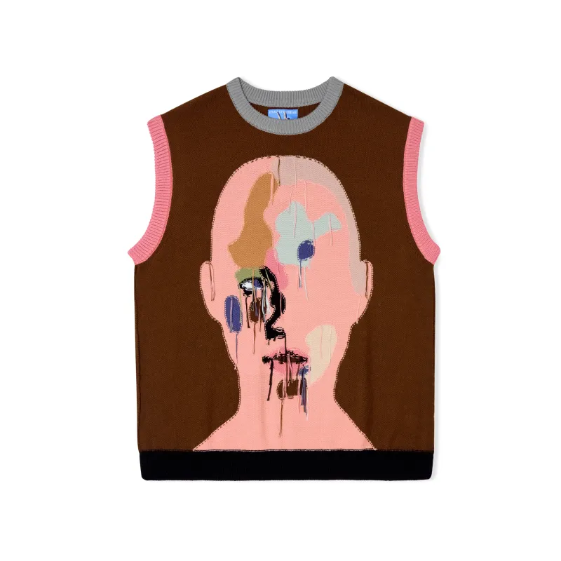 Reverse Knit patchwork Face Vest [Brown/ Multi] sold by KidSuper Studios