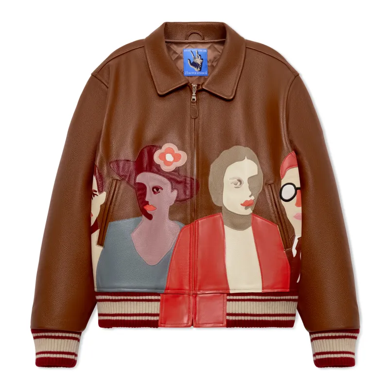 Patchwork Portraits Leather Varsity Jacket [Brown] sold by KidSuper Studios