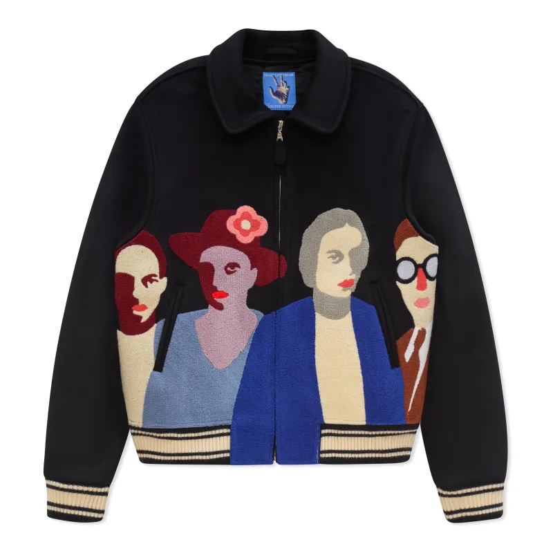 Patchwork Portraits Wool Varsity Jacket [Black] sold by KidSuper Studios