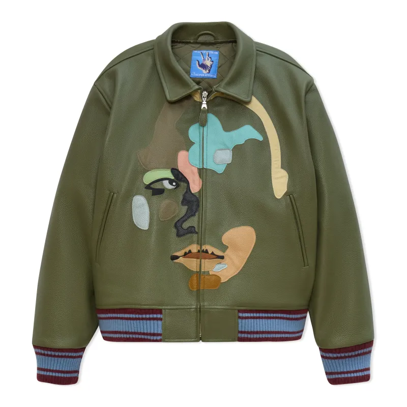 Patchwork Face Leather Varsity Jacket [Green] sold by KidSuper Studios