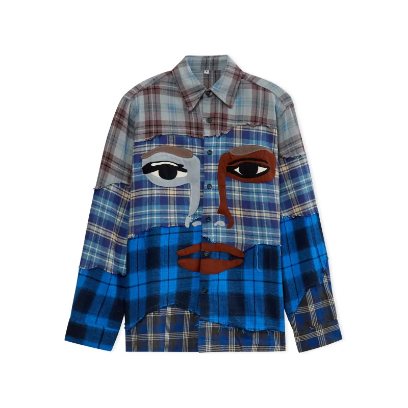 Face Patchwork Flannel [Blue] sold by KidSuper Studios