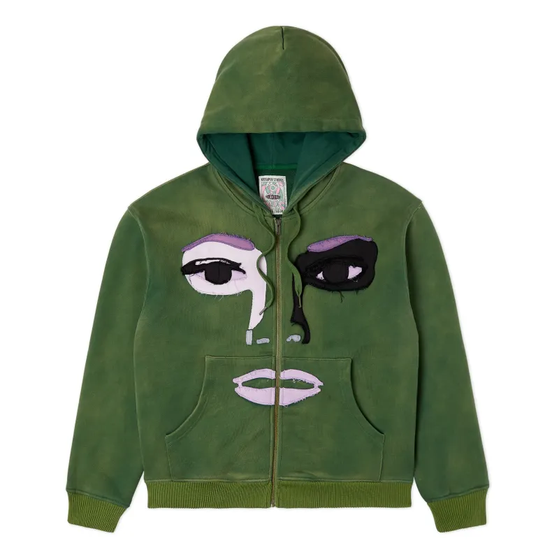 Patchwork Face Washed Heavyweight Zip Hoodie [Green] sold by KidSuper Studios