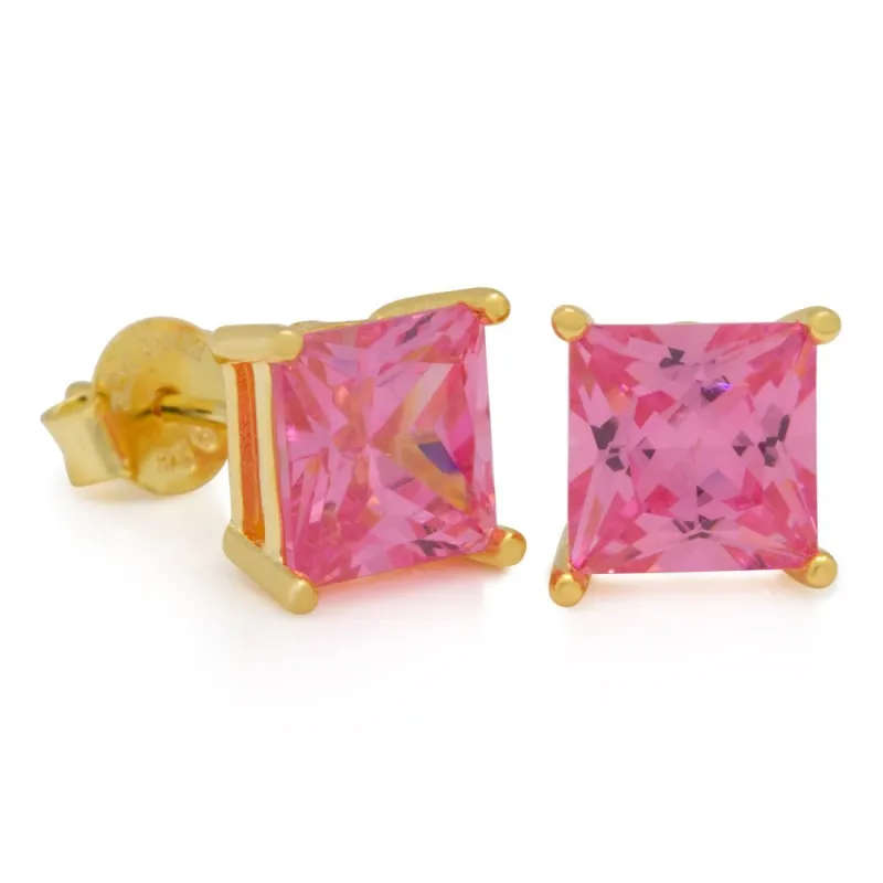 Pink Princess-Cut Stud Earrings sold by King Ice