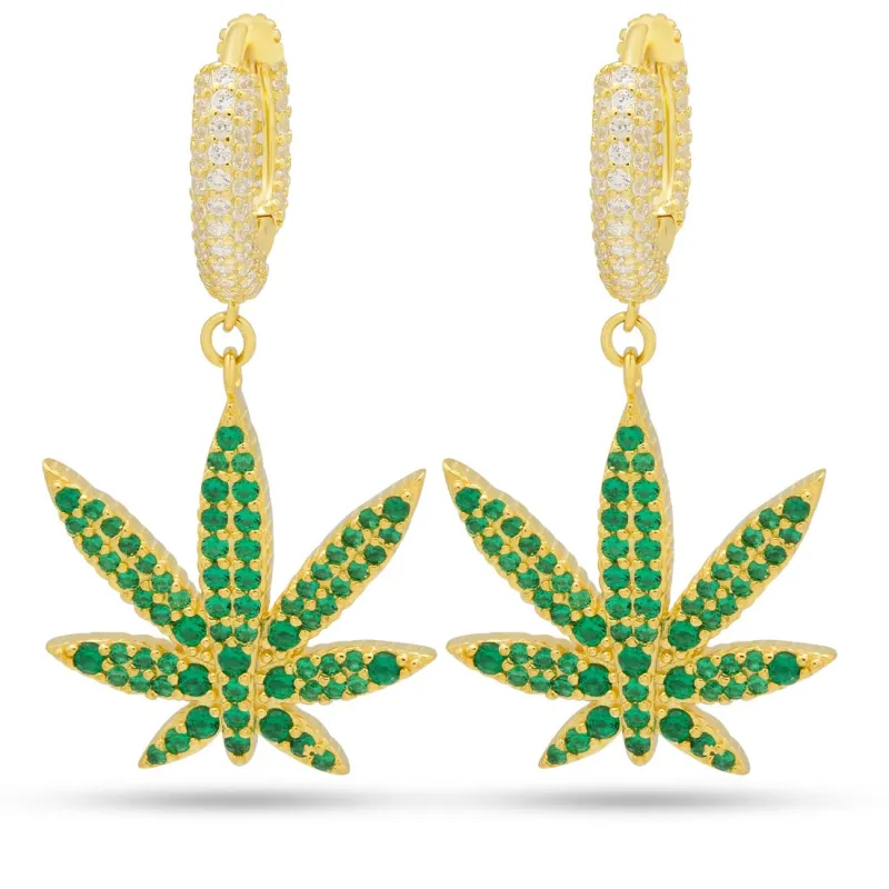 Emerald Cannabis Leaf Hanging Earrings made by King Ice