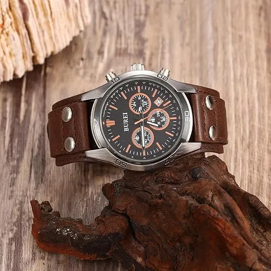 BUREI Men Watches,Waterproof Analog Dress Wrist Brown Leather Watches for Men with Black dial,Multifunction Watches for Men. sold by Burei product image thumbnail 5