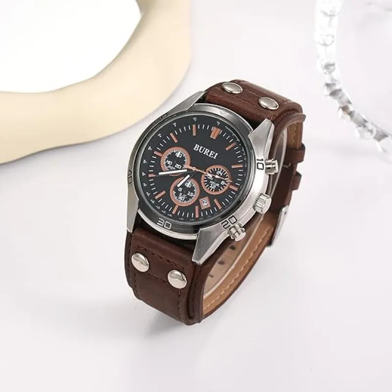 BUREI Men Watches,Waterproof Analog Dress Wrist Brown Leather Watches for Men with Black dial,Multifunction Watches for Men. sold by Burei