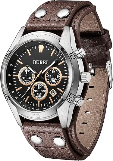 BUREI Men Watches,Waterproof Analog Dress Wrist Brown Leather Watches for Men with Black dial,Multifunction Watches for Men. sold by Burei product image thumbnail 2
